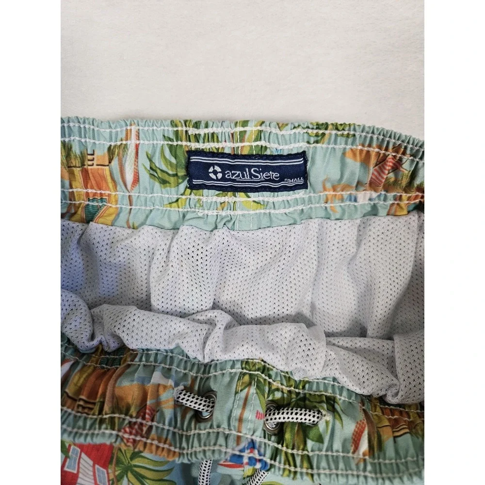 Azul Siete Men's Cyan Blue Print Swim Trunks Shorts Small S Palm‎ Tree Beach